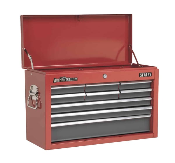 Red and grey Topchest 9 Drawer Tool Chest with ball bearing runners for smooth access.