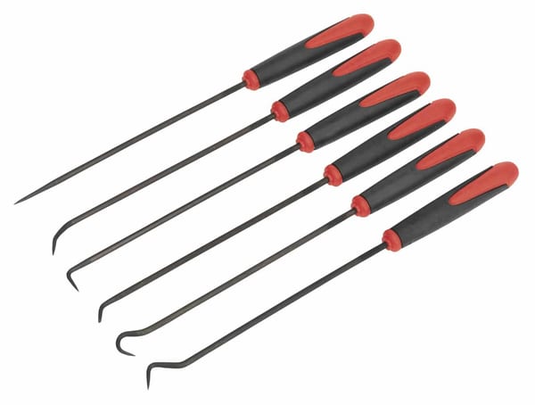 6-piece extra-long pick and hook set for garage and workshop tasks.