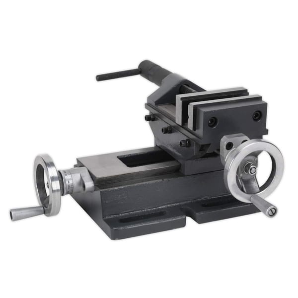Heavy-duty precision metal vise featuring adjustable jaws and a sturdy base for secure gripping of workpieces.