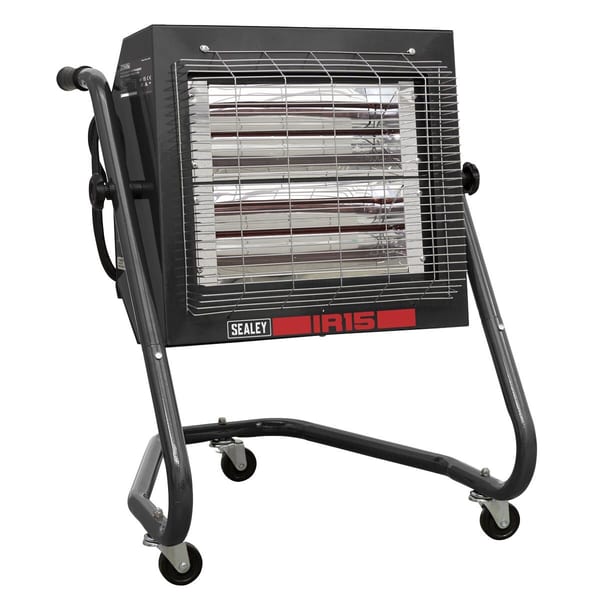 Sealey IR15 infrared heater with a protective grille, mounted on a wheeled stand for mobility and convenience.
