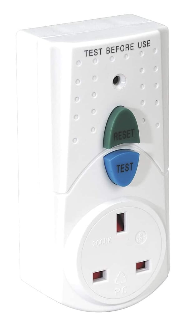 RCD Safety Adaptor 230V with test and reset buttons for enhanced electrical safety.