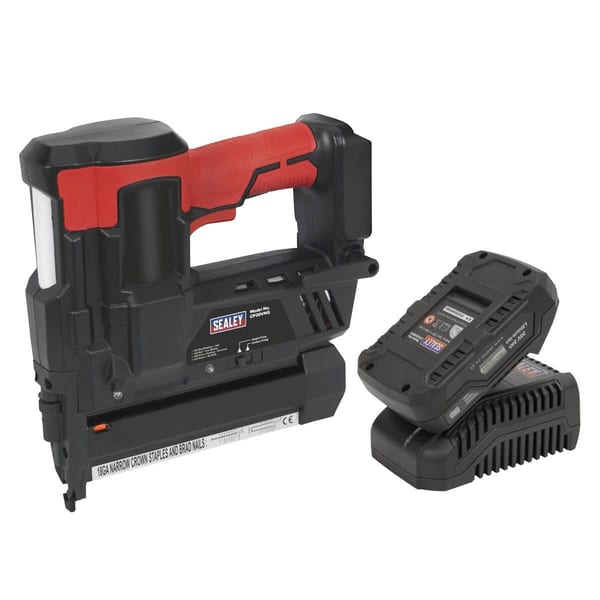 Sealey cordless nail gun with battery pack, suitable for various nailing tasks, featuring ergonomic design and efficient performance.