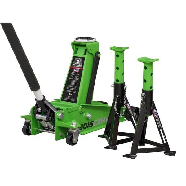Trolley Jack with Super Rocket Lift 3 Tonne & Axle Stands (Pair) 3 Tonne Capacity per Stand - Green