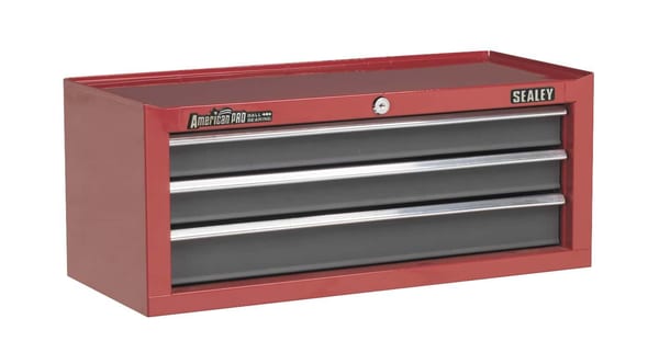 Red and grey 3-drawer tool chest with ball bearing runners for smooth operation.