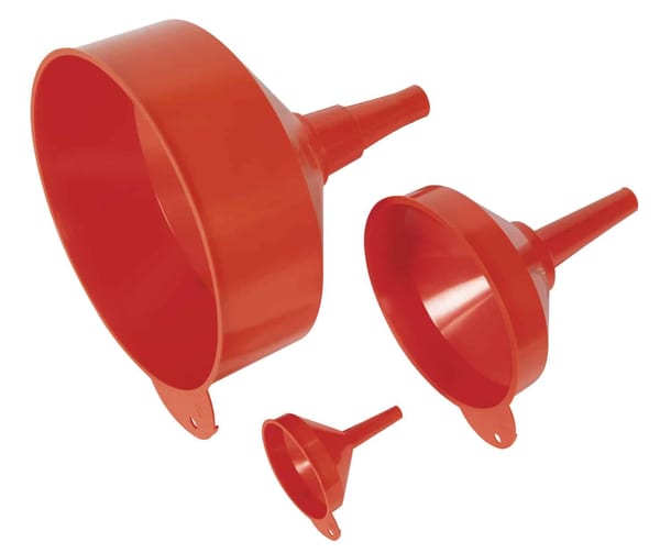 3-piece funnel set with fixed spouts in vibrant red color, ideal for automotive and garage use.