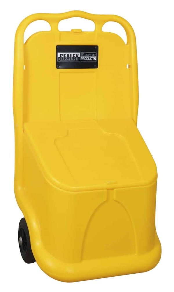 75L grit and salt mobile storage cart, durable yellow design with wheels for easy transport.
