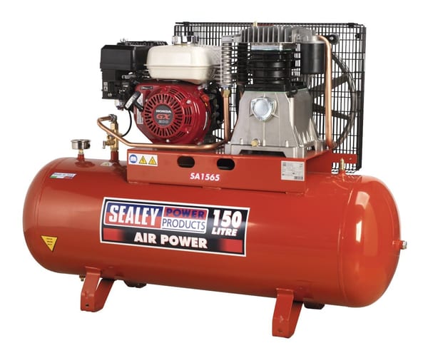 Sealey 150 litre air compressor SA156S with Honda engine, suitable for various pneumatic applications and tools.
