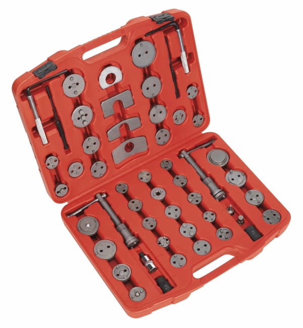 52-piece brake piston wind-back tool kit for vehicle servicing