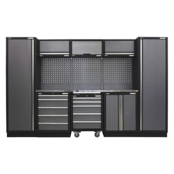 Modular garage storage cabinet system with drawers and shelves, designed for efficient organisation and workspace management.