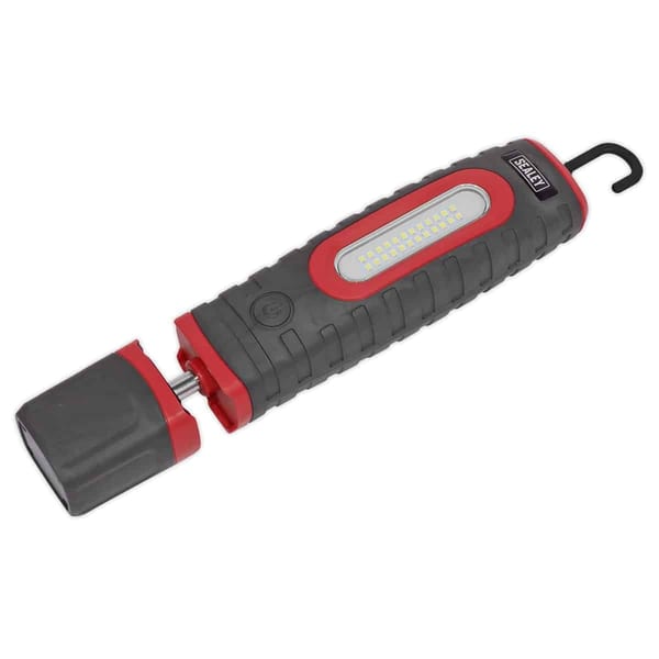 Rechargeable LED work light featuring a durable design, bright illumination, and a convenient hook for versatile use.