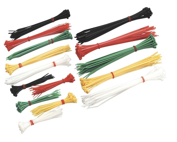 Assorted cable ties pack of 375 in various colors for electrical and workshop use.