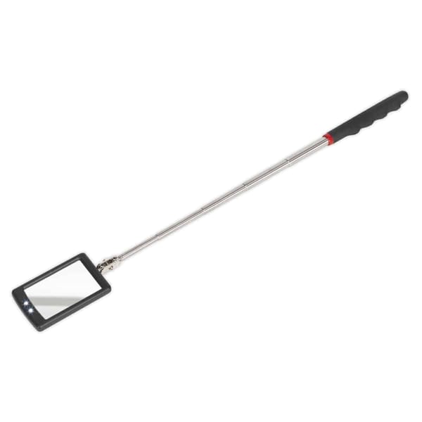 Telescopic inspection mirror with LED lights for visibility, ideal for hand tools and workshops.