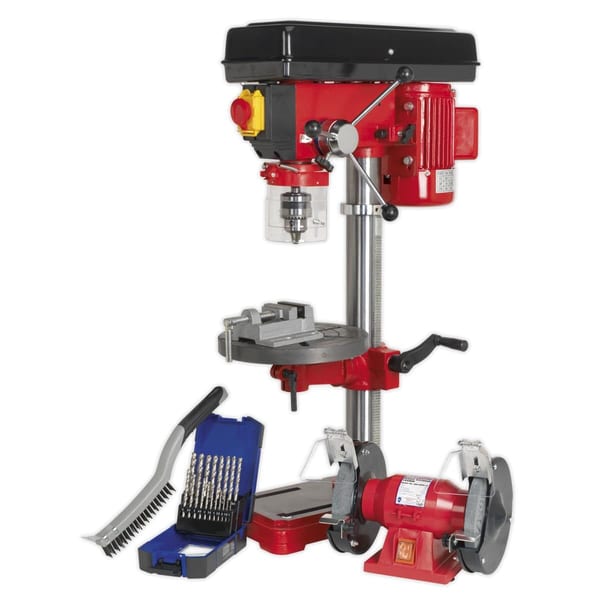 12-speed pillar drill bench with 370W motor, 840mm height, tools included for precision drilling.