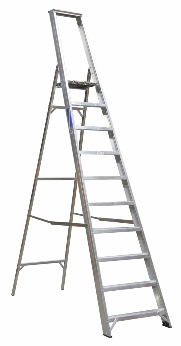 Aluminium 10-tread industrial step ladder for janitorial and outdoor use