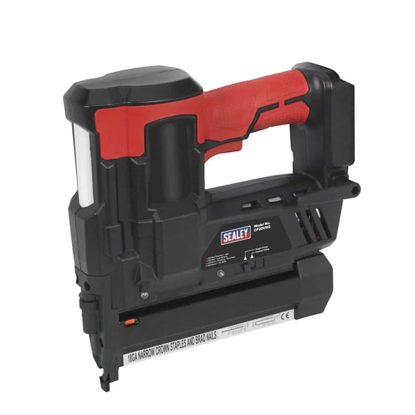 Sealey cordless nail gun featuring a robust design and ergonomic handle, suitable for various nailing tasks.