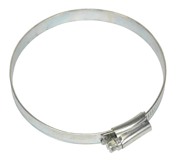 Stainless steel hose clamp designed for securing hoses and pipes, featuring a screw mechanism for adjustable tightening.