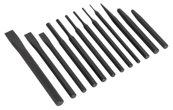 12pc punch and chisel set for precise metalwork and woodworking.