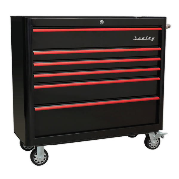 Retro Style Wide Rollcab 6 Drawer - Black with Red Anodised Drawer Pulls