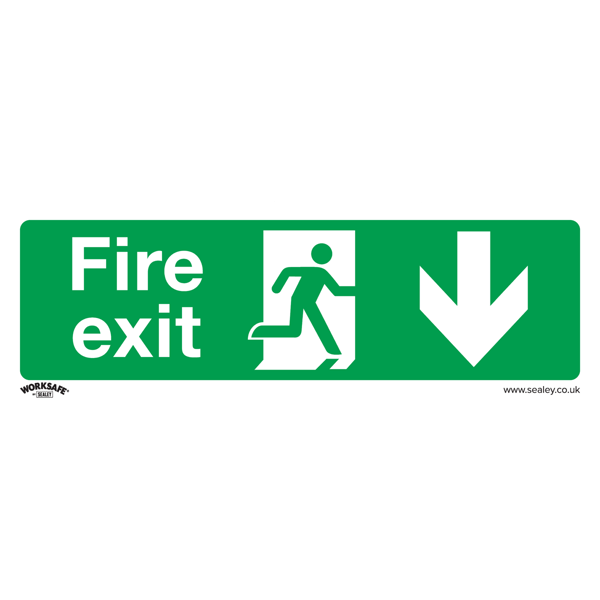 Fire Exit (Down) Safety Sign, Self-Adhesive Vinyl - Pack of 10
