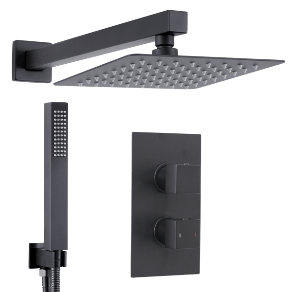 Concealed Thermostatic Shower Set 20 x 20cm Square Head & Hand Shower - Black