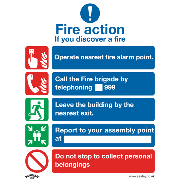 Fire Action Without Lift Safety Sign, Self-Adhesive Vinyl - Pack of 10