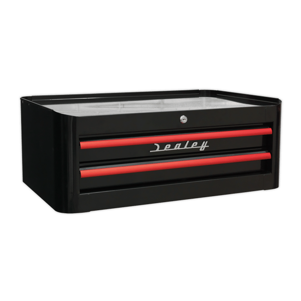Retro Style Mid-Box Tool Chest 2 Drawer - Black with Red Anodised Drawer Pulls
