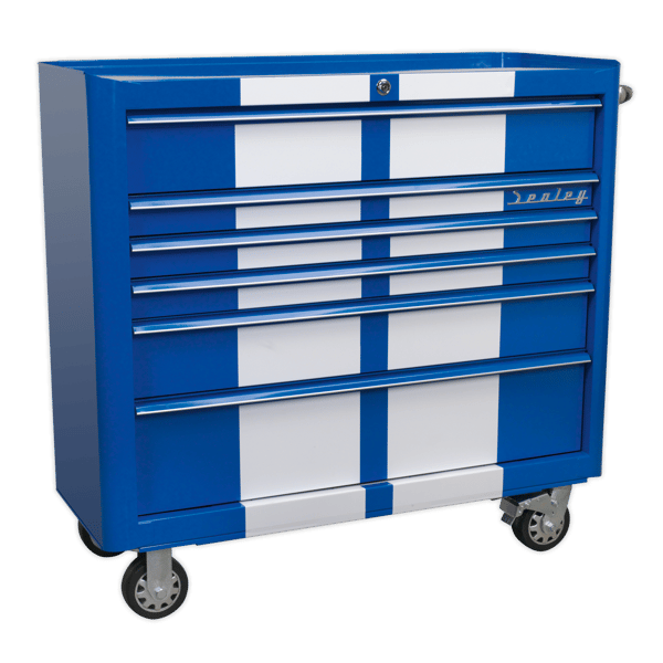 Retro Style Wide Rollcab 6 Drawer - Blue with White Stripes