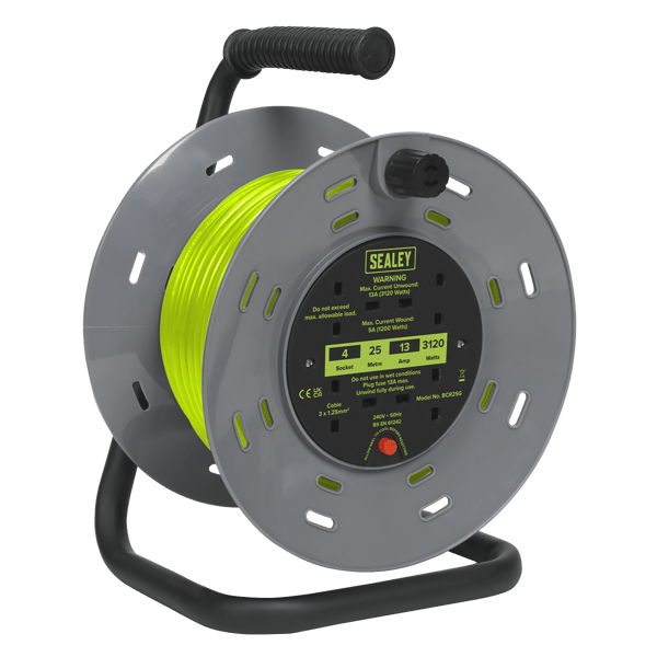 25m Cable Reel with Thermal Trip 4 x 230V - Hi-Vis Green