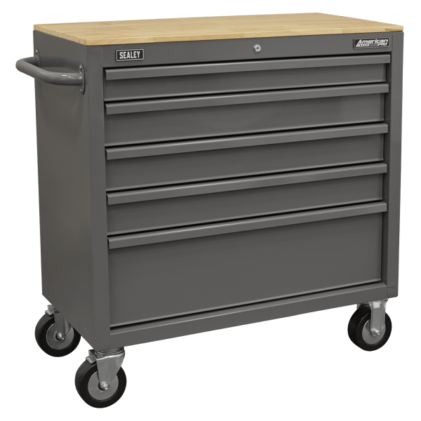 American PRO® Mobile Workstation with Wooden Worktop 5 Drawer - Grey