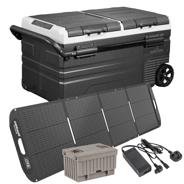 Portable Fridge Freezer/Cool Box 75L with 11.1V Portable Battery, AC/DC 230V Adaptor & 220W Solar Panel
