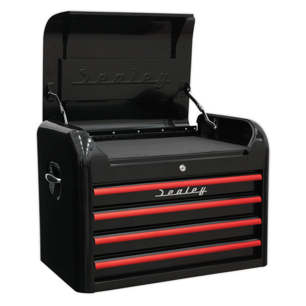 Retro Style Topchest 4 Drawer - Black with Red Anodised Drawer Pulls
