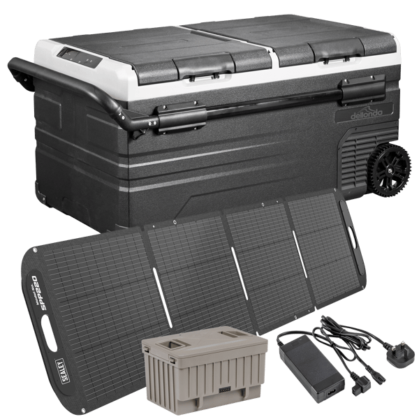 Portable Fridge Freezer/Cool Box 95L with 11.1V Portable Battery, AC/DC 230V Adaptor & 220W Solar Panel