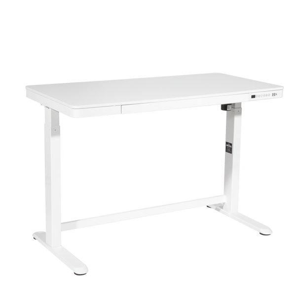 Single Motor Ultra-Quiet Electric Desk with Control Panel, USB Port & Drawer - White Desktop