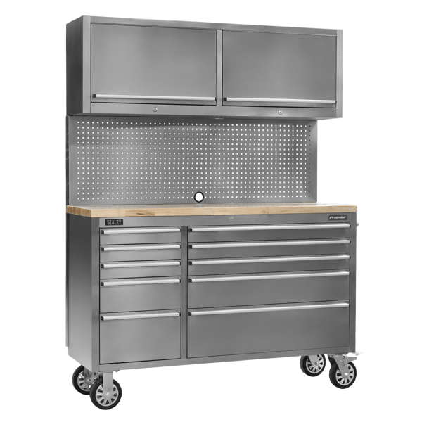 Mobile Stainless Steel Tool Cabinet 10 Drawer with Backboard & 2 Wall Cupboards