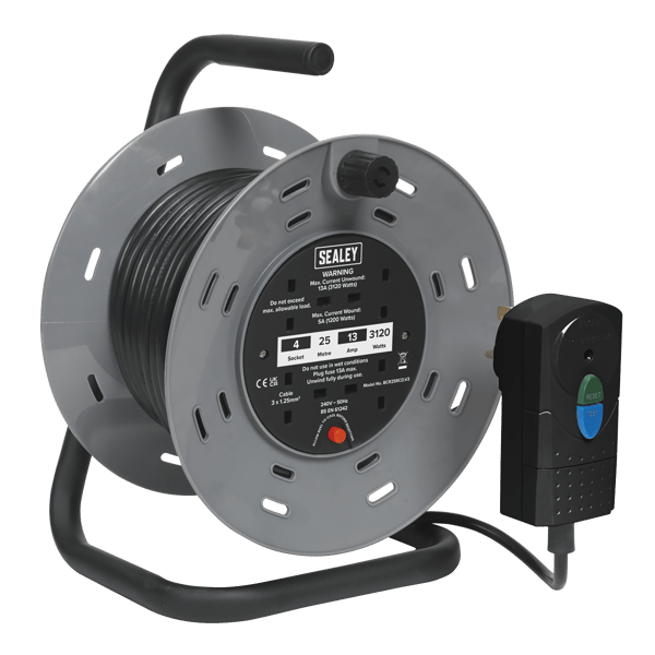 25m Cable Reel with Thermal Trip & RCD Plug 4 x 230V