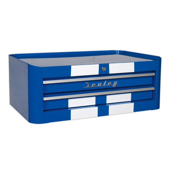 Retro Style Mid-Box Tool Chest 2 Drawer - Blue with White Stripes
