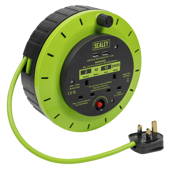10m Cassette Type Cable Reel with Thermal Trip 2 x 230V & 2 x USB - Hi-Vis Green