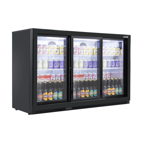 Baridi Back Bar Drinks Fridge/Cooler with Triple Sliding Door & Security Lock 307L - Black