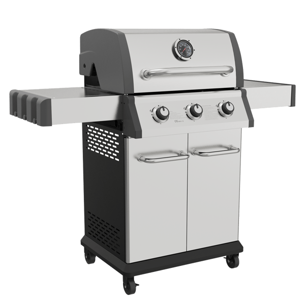 3 Burner Deluxe Gas BBQ Grill with Piezo Ignition & Thermometer - Stainless Steel