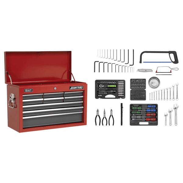 American PRO(R) Topchest 9 Drawer with 205pc Tool Kit - Red/Grey
