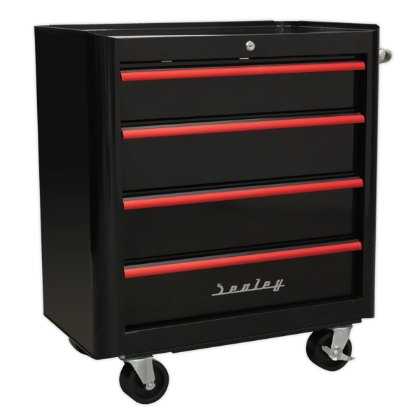 Retro Style Rollcab 4 Drawer - Black with Red Anodised Drawer Pulls