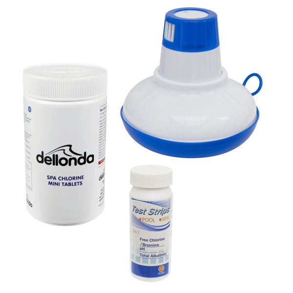 Hot Tub/Spa & Swimming Pool Chlorine Pack includes Chlorine Mini Tabs 1kg, Chemical Floaters & 3-in-1 Test Strips