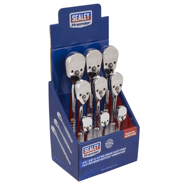 Pear-Head Ratchet Wrenches with Flip Reverse 1/4", 3/8" & 1/2"Sq Drive - Display Box of 9