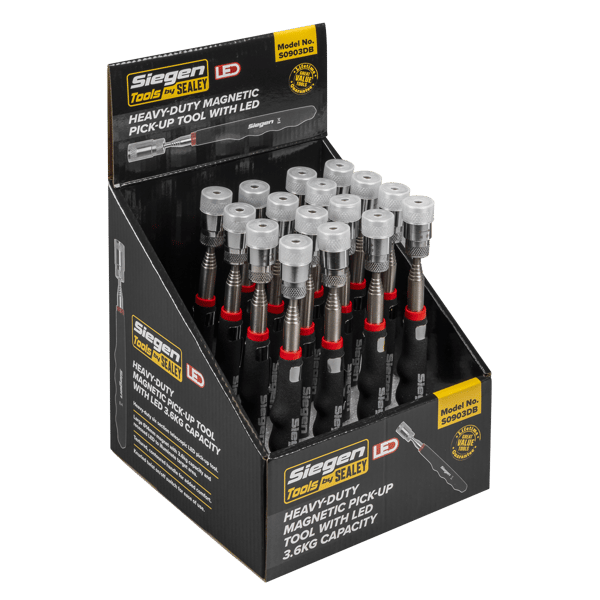 Siegen Heavy-Duty Magnetic Pick-Up Tool with LED 3.6kg Capacity - Display Box of 16