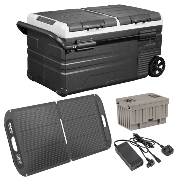 Portable Fridge Freezer/Cool Box 75L with 11.1V Portable Battery, AC/DC 230V Adaptor & 110W Solar Panel