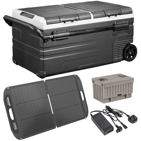 Portable Fridge Freezer/Cool Box 95L with 11.1V Portable Battery, AC/DC 230V Adaptor & 110W Solar Panel