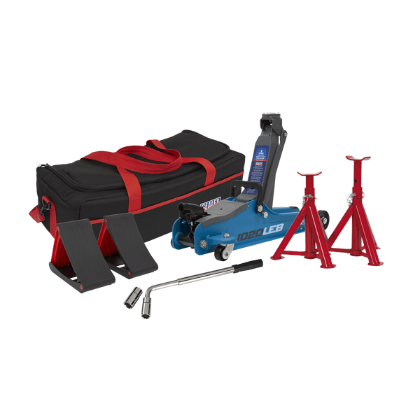 Low Profile Short Chassis Trolley Jack 2 Tonne & Accessories Bag Combo - Blue