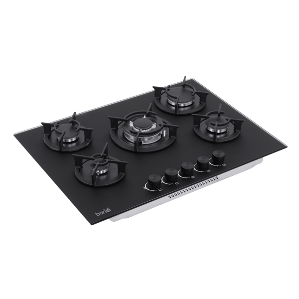 Baridi 70cm Gas Hob Matt Black with 5 Burners, Cast Iron Supports & Auto Ignition 10.4kW