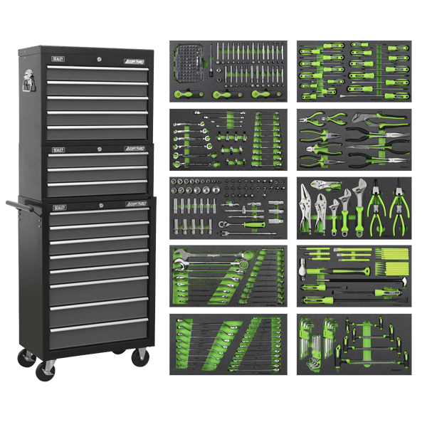 Tool Chest Combination 16 Drawer with Ball-Bearing Slides - Black/Grey & 398pc Tool Kit