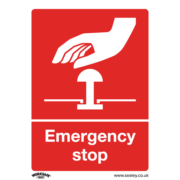 Emergency Stop Safety Sign, Self-Adhesive Vinyl - Pack of 10